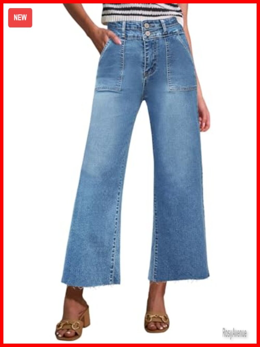 High Rise Cropped Wide Leg Jeans Two Button Frayed Hem Denim Pants